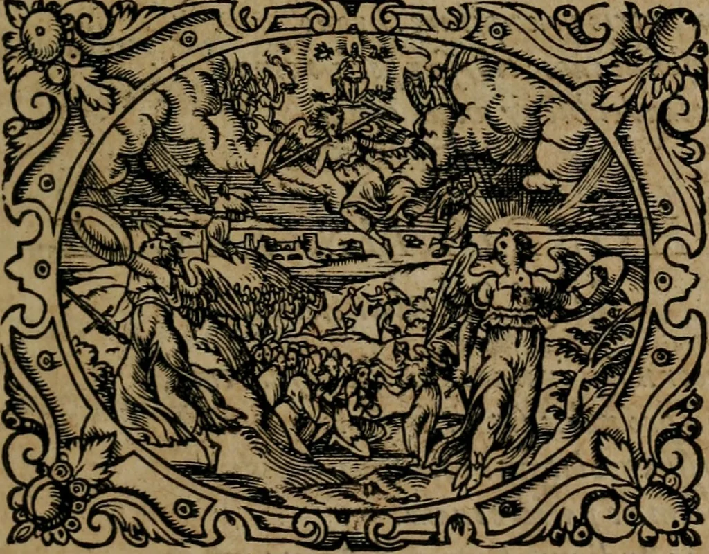 An illustration from Epigrammata Philippi Melanthonis selectiora : formvlis precvm, historiis, paraphrasi dictorum diuinorum, & sententijs grauissimis maxime insignia, 1583, leaf 30