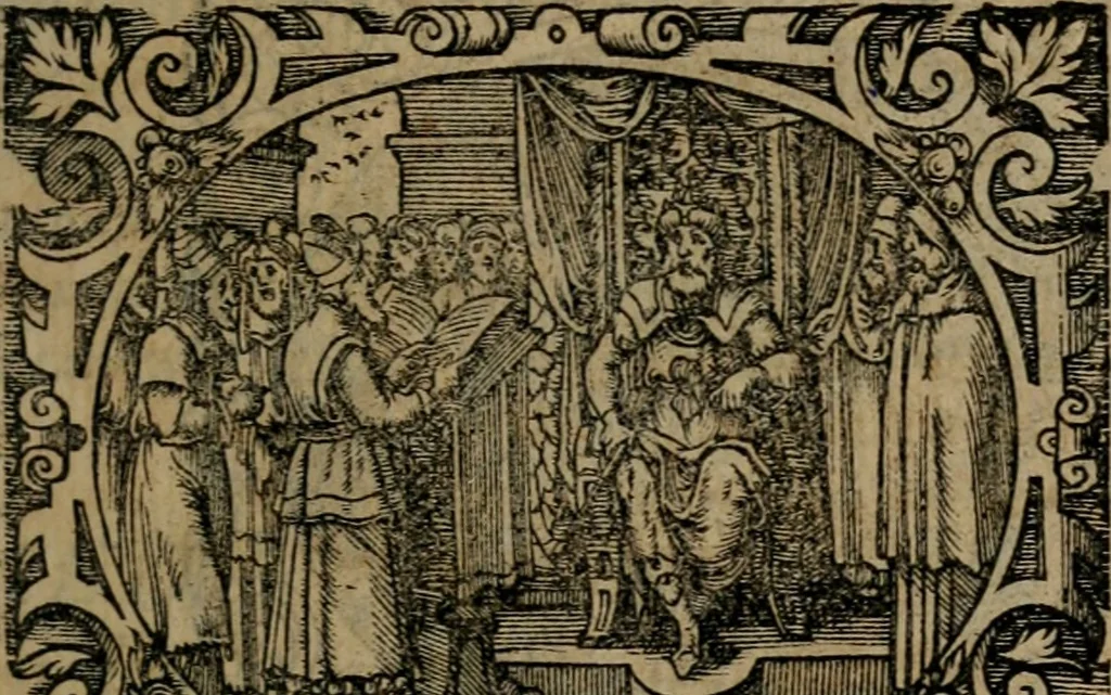 An illustration from Epigrammata Philippi Melanthonis selectiora : formvlis precvm, historiis, paraphrasi dictorum diuinorum, & sententijs grauissimis maxime insignia, 1583, leaf 32