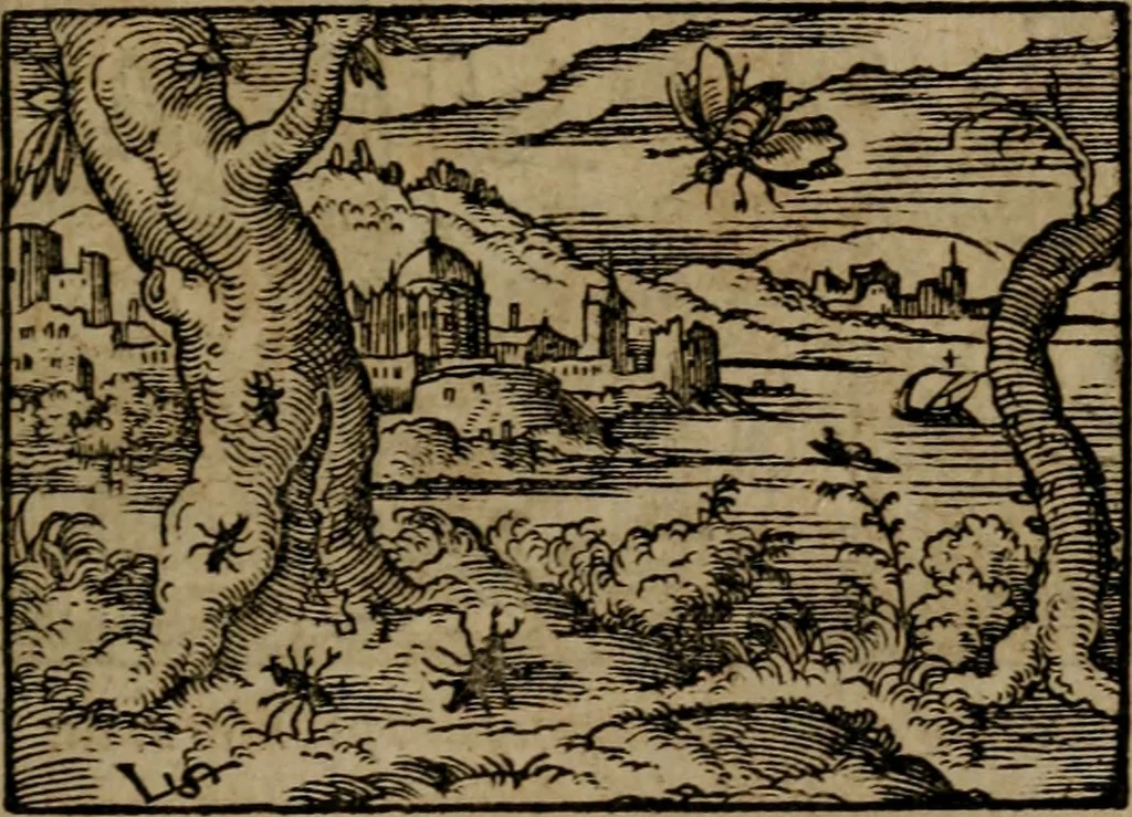 An illustration from Epigrammata Philippi Melanthonis selectiora : formvlis precvm, historiis, paraphrasi dictorum diuinorum, & sententijs grauissimis maxime insignia, 1583, leaf 332