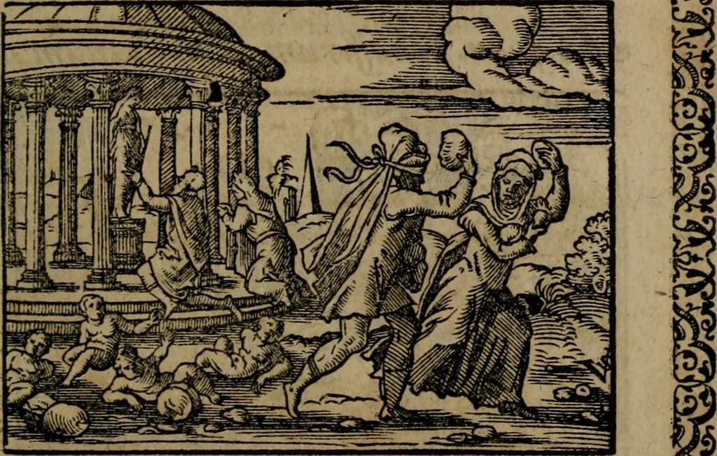 An illustration from Epigrammata Philippi Melanthonis selectiora : formvlis precvm, historiis, paraphrasi dictorum diuinorum, & sententijs grauissimis maxime insignia, 1583, leaf 354