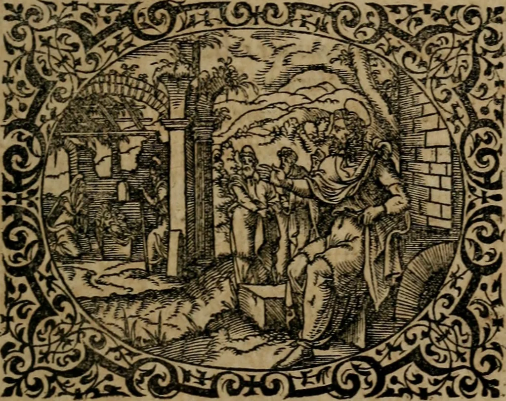 An illustration from Epigrammata Philippi Melanthonis selectiora : formvlis precvm, historiis, paraphrasi dictorum diuinorum, & sententijs grauissimis maxime insignia, 1583, leaf 36