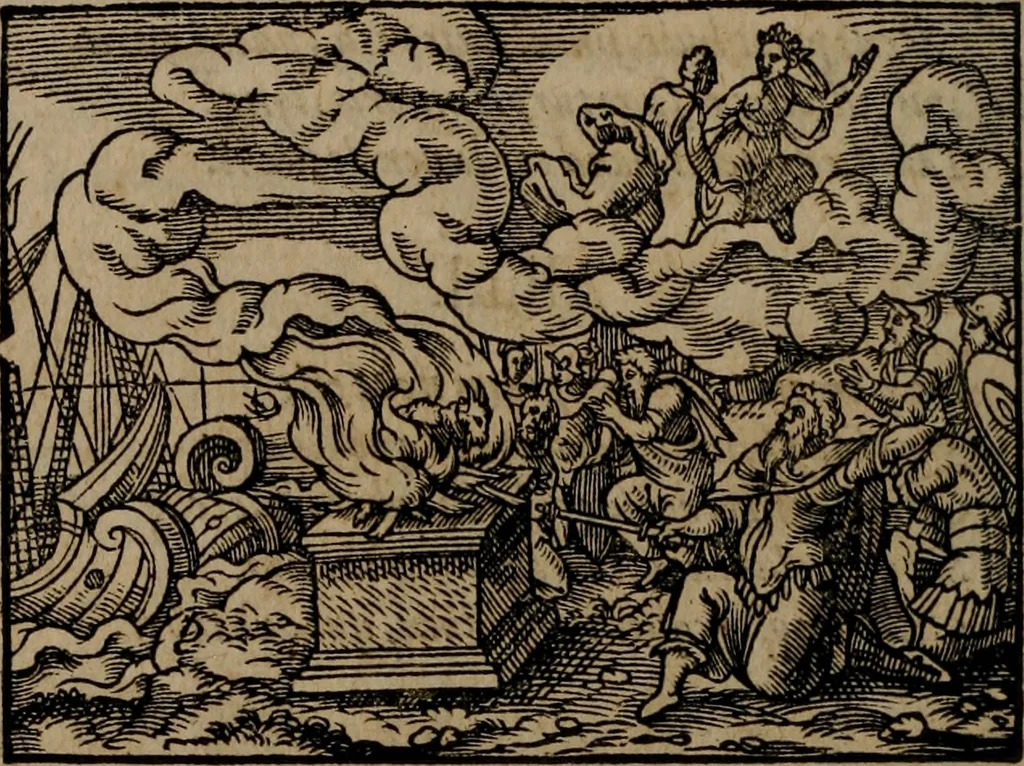 An illustration from Epigrammata Philippi Melanthonis selectiora : formvlis precvm, historiis, paraphrasi dictorum diuinorum, & sententijs grauissimis maxime insignia, 1583, leaf 369