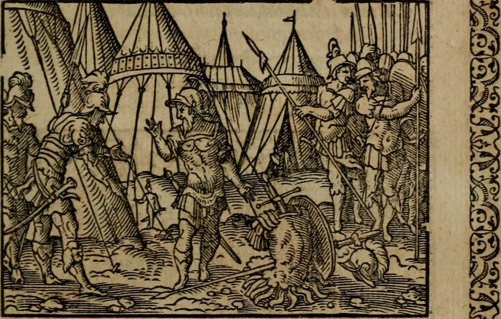 An illustration from Epigrammata Philippi Melanthonis selectiora : formvlis precvm, historiis, paraphrasi dictorum diuinorum, & sententijs grauissimis maxime insignia, 1583, leaf 374
