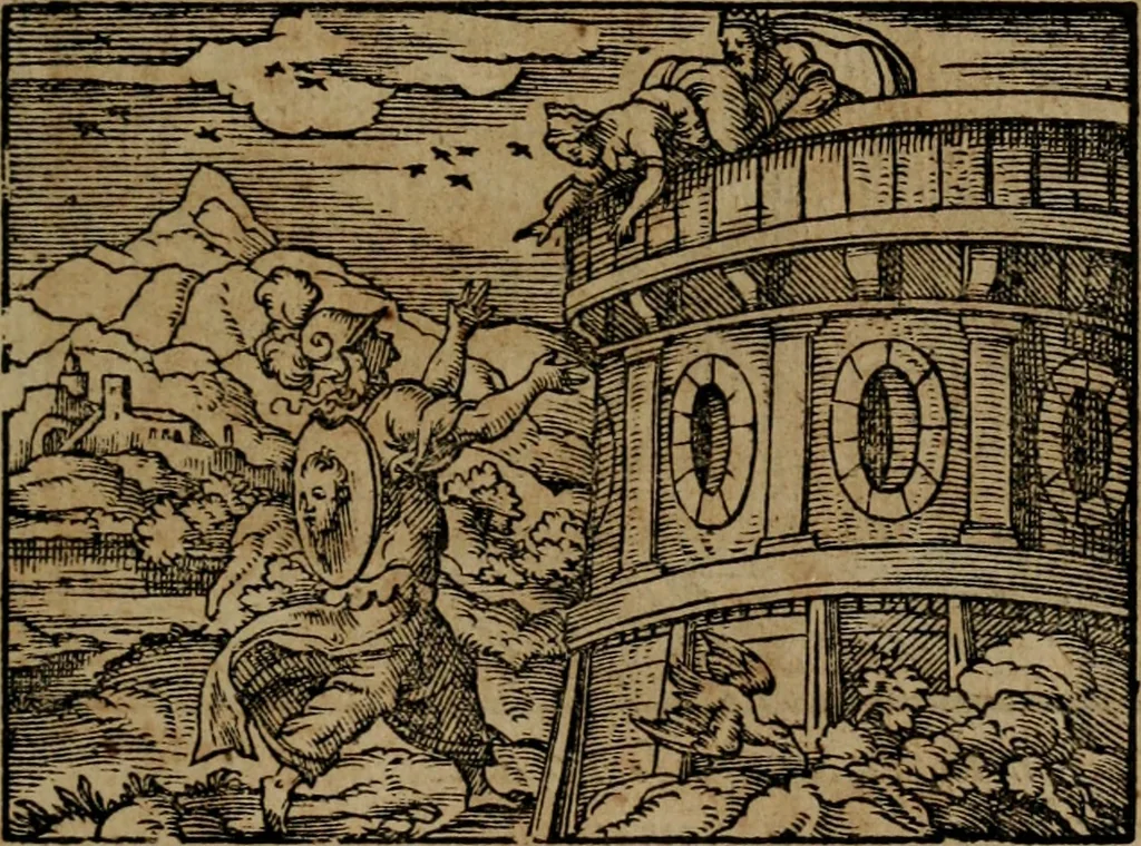 An illustration from Epigrammata Philippi Melanthonis selectiora : formvlis precvm, historiis, paraphrasi dictorum diuinorum, & sententijs grauissimis maxime insignia, 1583, leaf 384