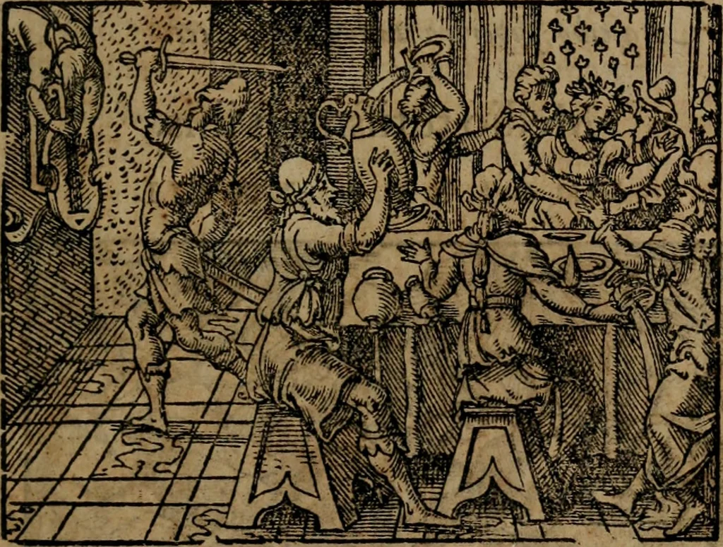 An illustration from Epigrammata Philippi Melanthonis selectiora : formvlis precvm, historiis, paraphrasi dictorum diuinorum, & sententijs grauissimis maxime insignia, 1583, leaf 386