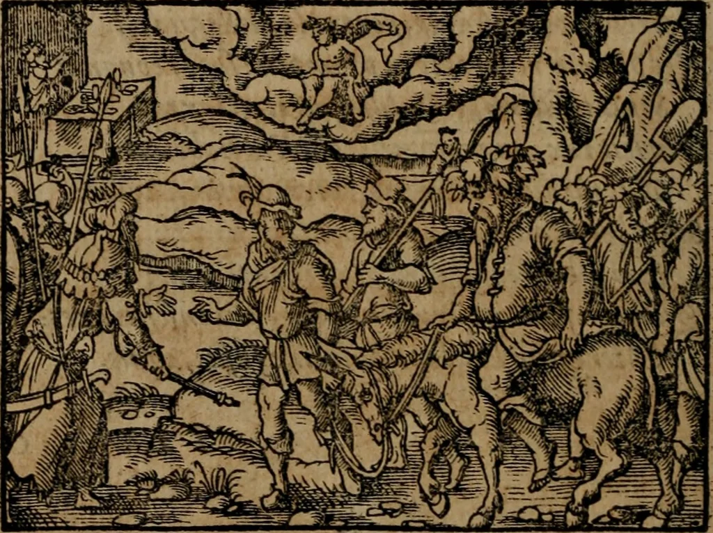 An illustration from Epigrammata Philippi Melanthonis selectiora : formvlis precvm, historiis, paraphrasi dictorum diuinorum, & sententijs grauissimis maxime insignia, 1583, leaf 389