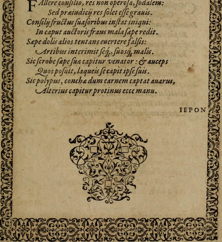 An illustration from Epigrammata Philippi Melanthonis selectiora : formvlis precvm, historiis, paraphrasi dictorum diuinorum, & sententijs grauissimis maxime insignia, 1583, leaf 408