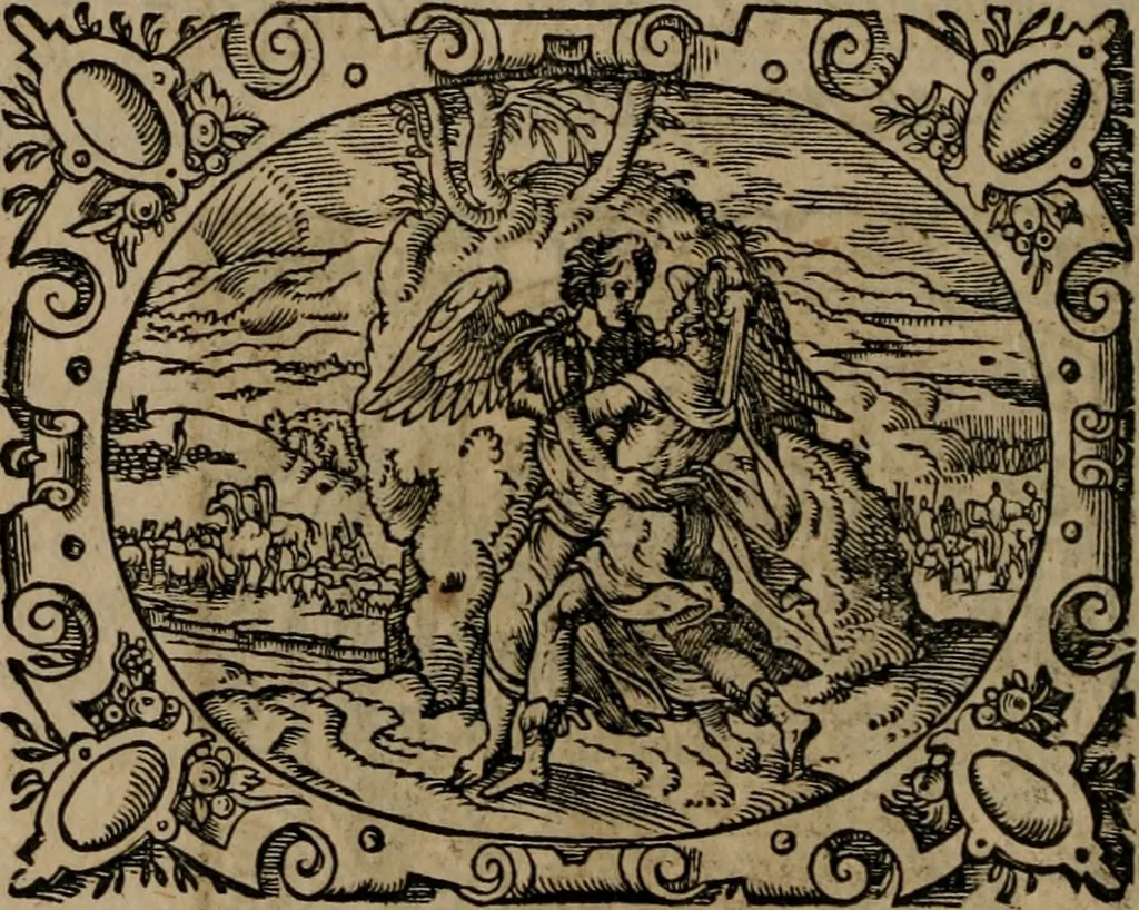 An illustration from Epigrammata Philippi Melanthonis selectiora : formvlis precvm, historiis, paraphrasi dictorum diuinorum, & sententijs grauissimis maxime insignia, 1583, leaf 43