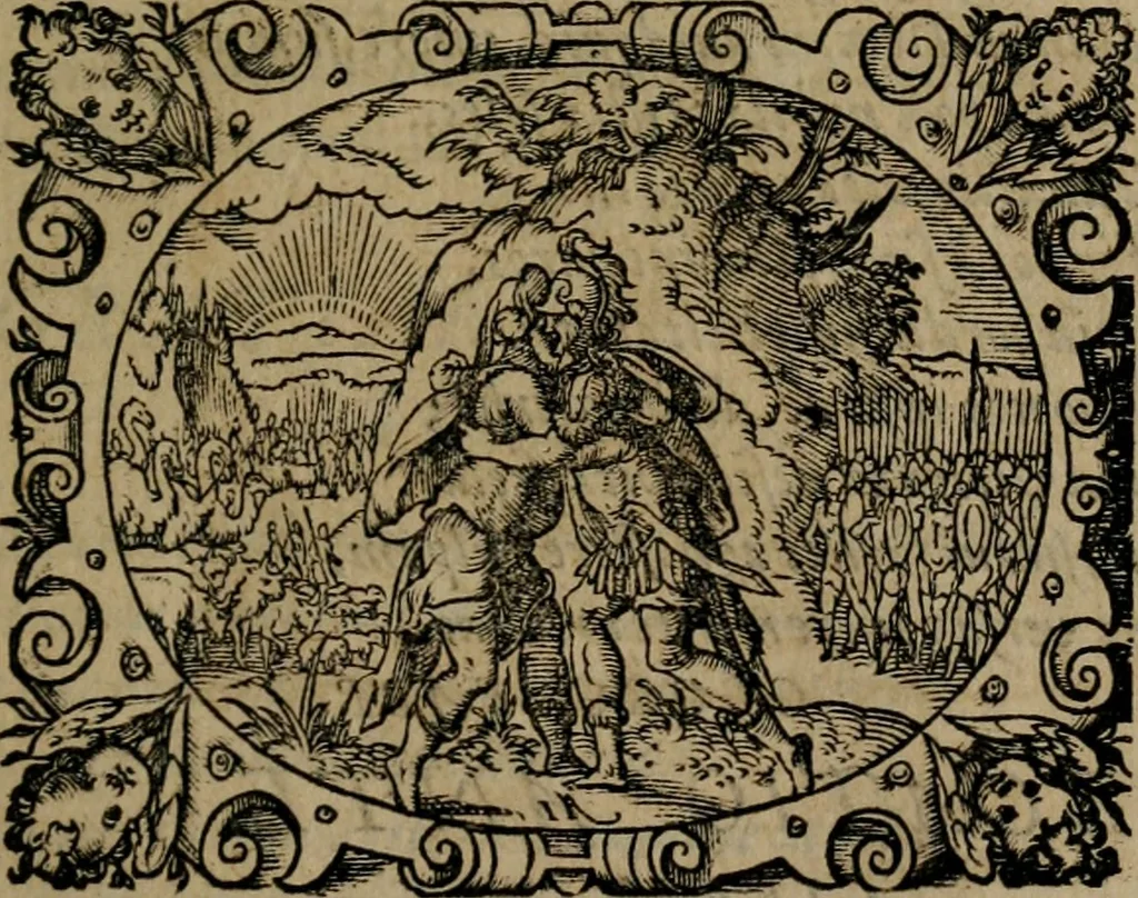 An illustration from Epigrammata Philippi Melanthonis selectiora : formvlis precvm, historiis, paraphrasi dictorum diuinorum, & sententijs grauissimis maxime insignia, 1583, leaf 44