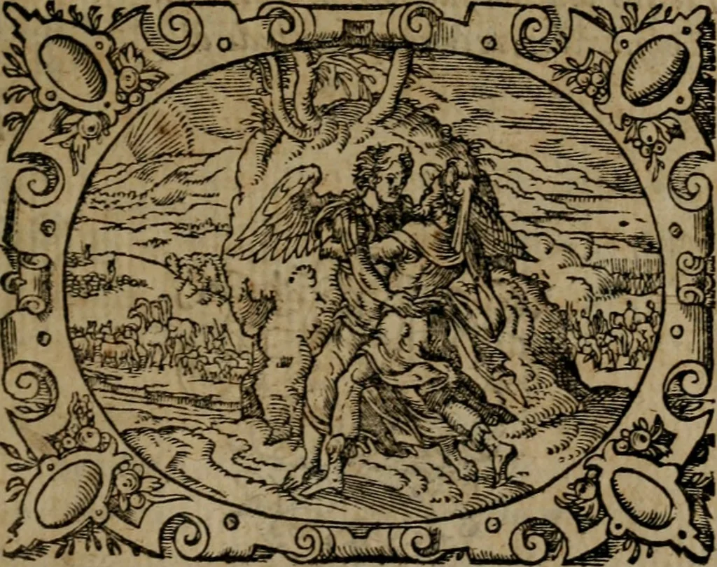 An illustration from Epigrammata Philippi Melanthonis selectiora : formvlis precvm, historiis, paraphrasi dictorum diuinorum, & sententijs grauissimis maxime insignia, 1583, leaf 454