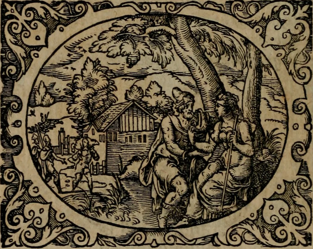 An illustration from Epigrammata Philippi Melanthonis selectiora : formvlis precvm, historiis, paraphrasi dictorum diuinorum, & sententijs grauissimis maxime insignia, 1583, leaf 459