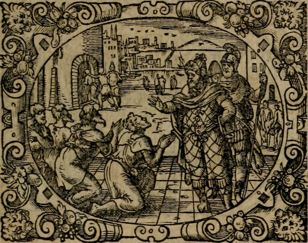 An illustration from Epigrammata Philippi Melanthonis selectiora : formvlis precvm, historiis, paraphrasi dictorum diuinorum, & sententijs grauissimis maxime insignia, 1583, leaf 460