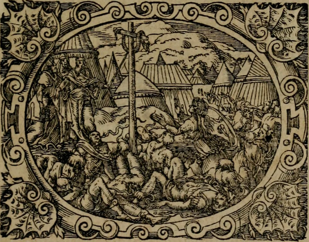 An illustration from Epigrammata Philippi Melanthonis selectiora : formvlis precvm, historiis, paraphrasi dictorum diuinorum, & sententijs grauissimis maxime insignia, 1583, leaf 464