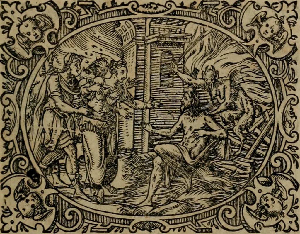 An illustration from Epigrammata Philippi Melanthonis selectiora : formvlis precvm, historiis, paraphrasi dictorum diuinorum, & sententijs grauissimis maxime insignia, 1583, leaf 466
