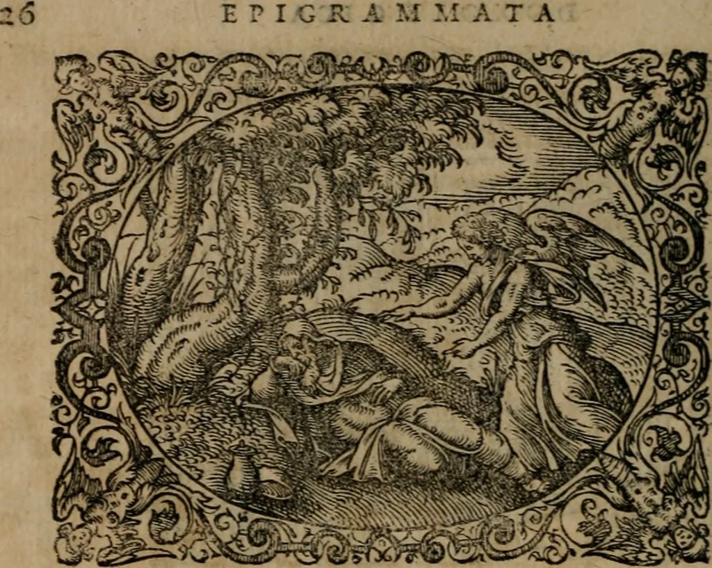 An illustration from Epigrammata Philippi Melanthonis selectiora : formvlis precvm, historiis, paraphrasi dictorum diuinorum, & sententijs grauissimis maxime insignia, 1583, leaf 47