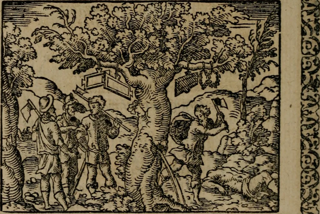 An illustration from Epigrammata Philippi Melanthonis selectiora : formvlis precvm, historiis, paraphrasi dictorum diuinorum, & sententijs grauissimis maxime insignia, 1583, leaf 475
