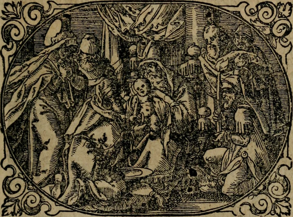 An illustration from Epigrammata Philippi Melanthonis selectiora : formvlis precvm, historiis, paraphrasi dictorum diuinorum, & sententijs grauissimis maxime insignia, 1583, leaf 480