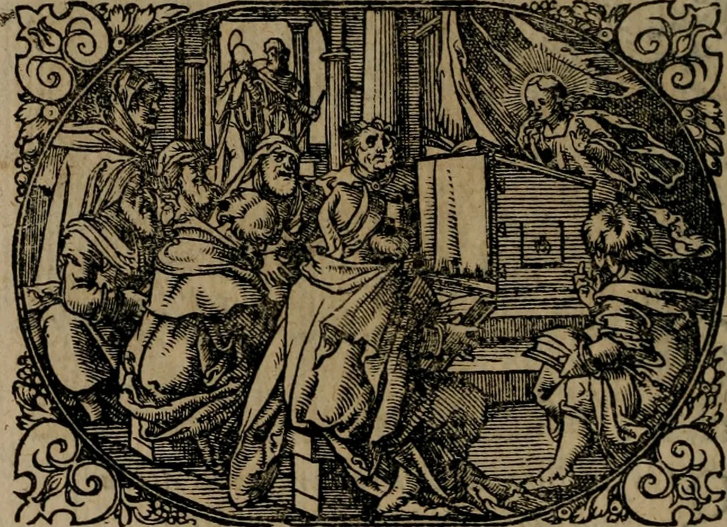 An illustration from Epigrammata Philippi Melanthonis selectiora : formvlis precvm, historiis, paraphrasi dictorum diuinorum, & sententijs grauissimis maxime insignia, 1583, leaf 481