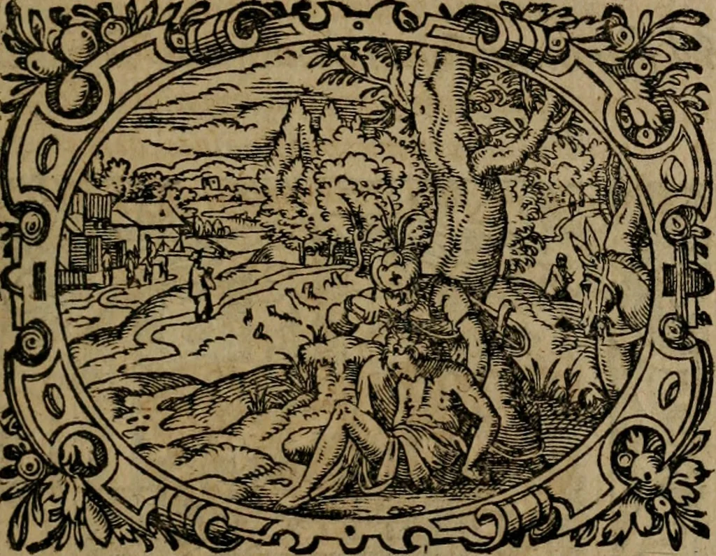 An illustration from Epigrammata Philippi Melanthonis selectiora : formvlis precvm, historiis, paraphrasi dictorum diuinorum, & sententijs grauissimis maxime insignia, 1583, leaf 484