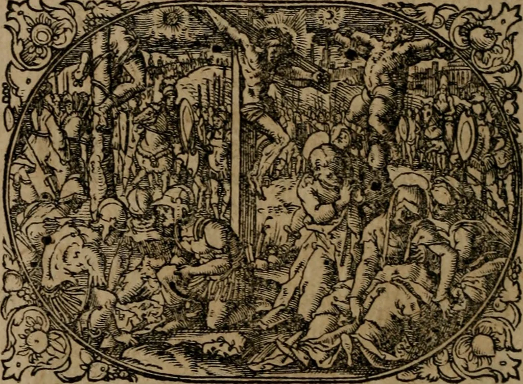 An illustration from Epigrammata Philippi Melanthonis selectiora : formvlis precvm, historiis, paraphrasi dictorum diuinorum, & sententijs grauissimis maxime insignia, 1583, leaf 487