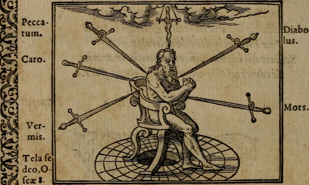 An illustration from Epigrammata Philippi Melanthonis selectiora : formvlis precvm, historiis, paraphrasi dictorum diuinorum, & sententijs grauissimis maxime insignia, 1583, leaf 495