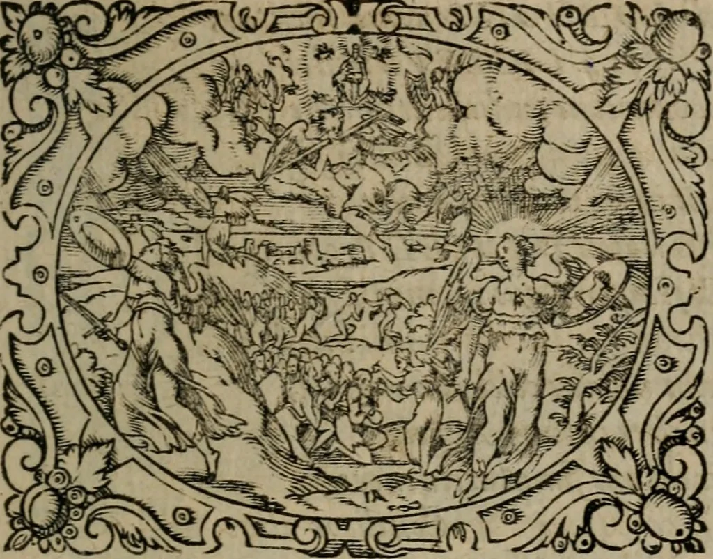 An illustration from Epigrammata Philippi Melanthonis selectiora : formvlis precvm, historiis, paraphrasi dictorum diuinorum, & sententijs grauissimis maxime insignia, 1583, leaf 54