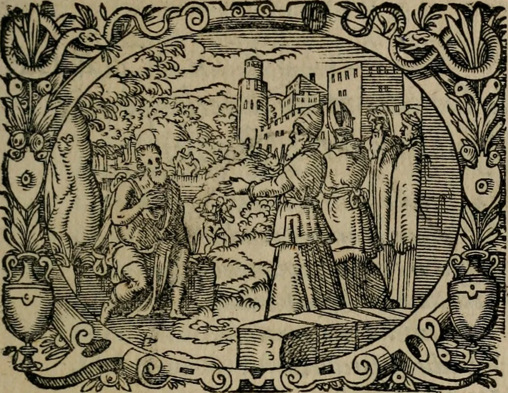 An illustration from Epigrammata Philippi Melanthonis selectiora : formvlis precvm, historiis, paraphrasi dictorum diuinorum, & sententijs grauissimis maxime insignia, 1583, leaf 56