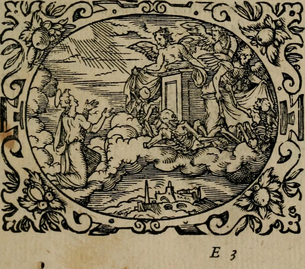 An illustration from Epigrammata Philippi Melanthonis selectiora : formvlis precvm, historiis, paraphrasi dictorum diuinorum, & sententijs grauissimis maxime insignia, 1583, leaf 58