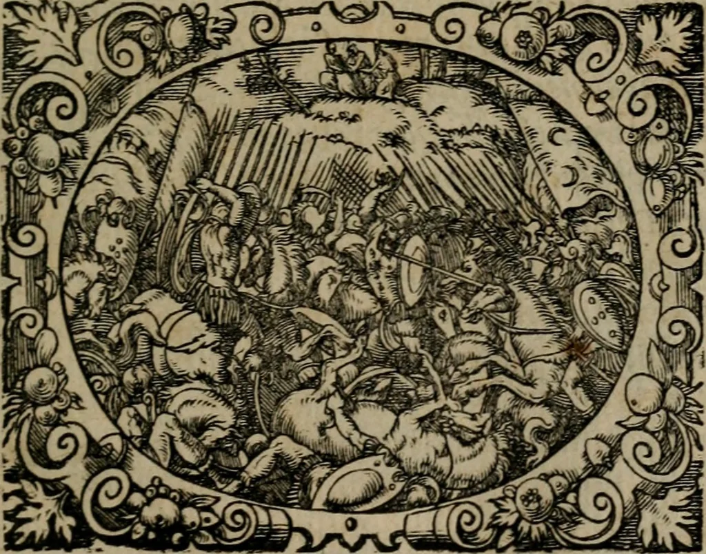 An illustration from Epigrammata Philippi Melanthonis selectiora : formvlis precvm, historiis, paraphrasi dictorum diuinorum, & sententijs grauissimis maxime insignia, 1583, leaf 64