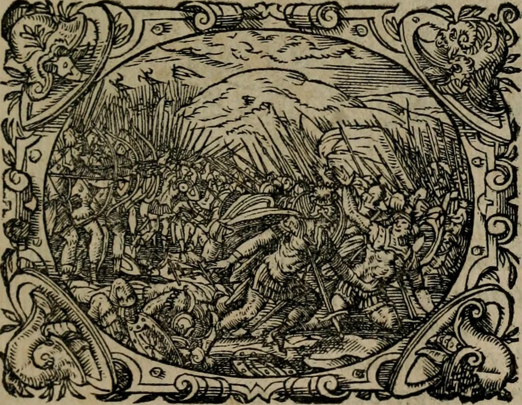An illustration from Epigrammata Philippi Melanthonis selectiora : formvlis precvm, historiis, paraphrasi dictorum diuinorum, & sententijs grauissimis maxime insignia, 1583, leaf 68