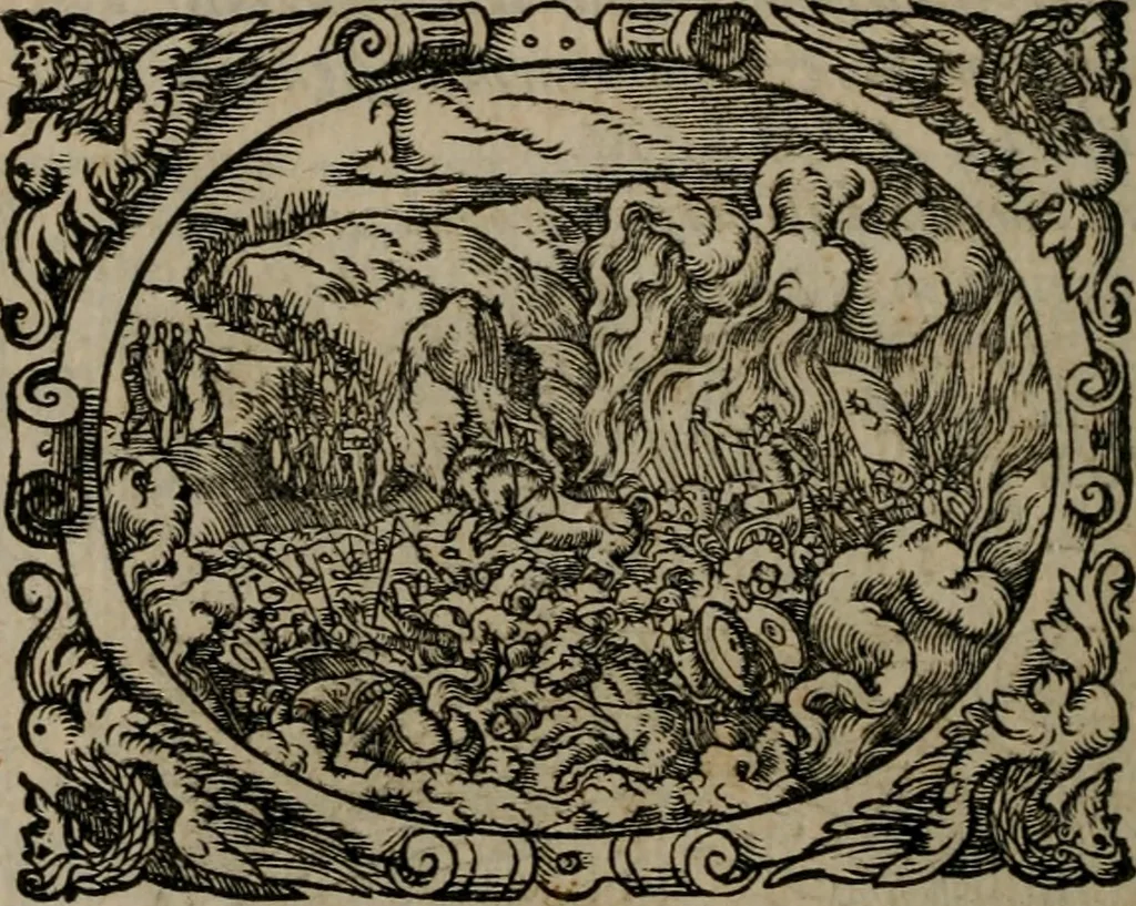 An illustration from Epigrammata Philippi Melanthonis selectiora : formvlis precvm, historiis, paraphrasi dictorum diuinorum, & sententijs grauissimis maxime insignia, 1583, leaf 69
