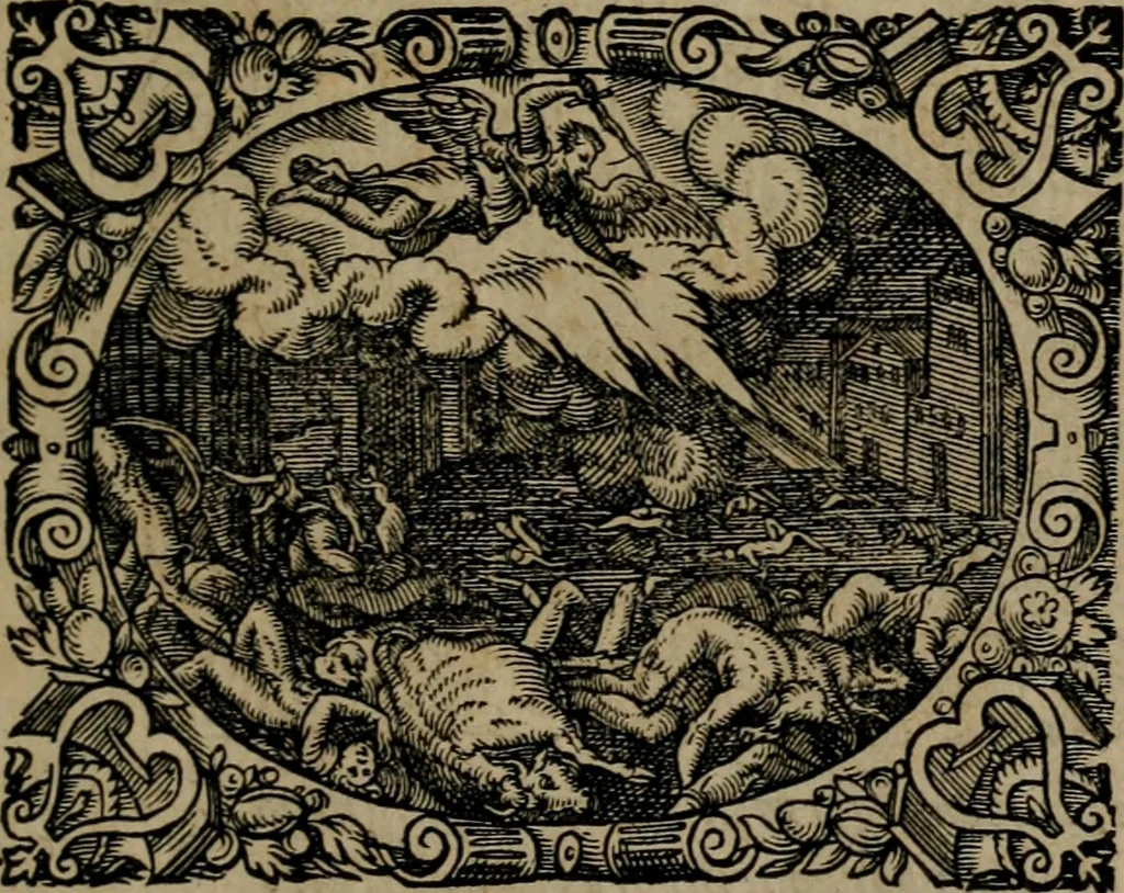 An illustration from Epigrammata Philippi Melanthonis selectiora : formvlis precvm, historiis, paraphrasi dictorum diuinorum, & sententijs grauissimis maxime insignia, 1583, leaf 70