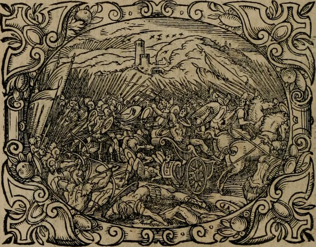 An illustration from Epigrammata Philippi Melanthonis selectiora : formvlis precvm, historiis, paraphrasi dictorum diuinorum, & sententijs grauissimis maxime insignia, 1583, leaf 71
