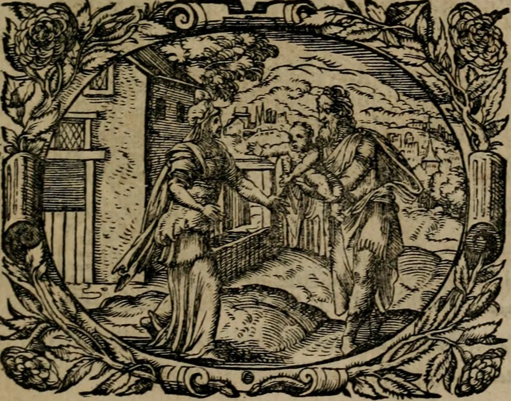 An illustration from Epigrammata Philippi Melanthonis selectiora : formvlis precvm, historiis, paraphrasi dictorum diuinorum, & sententijs grauissimis maxime insignia, 1583, leaf 72