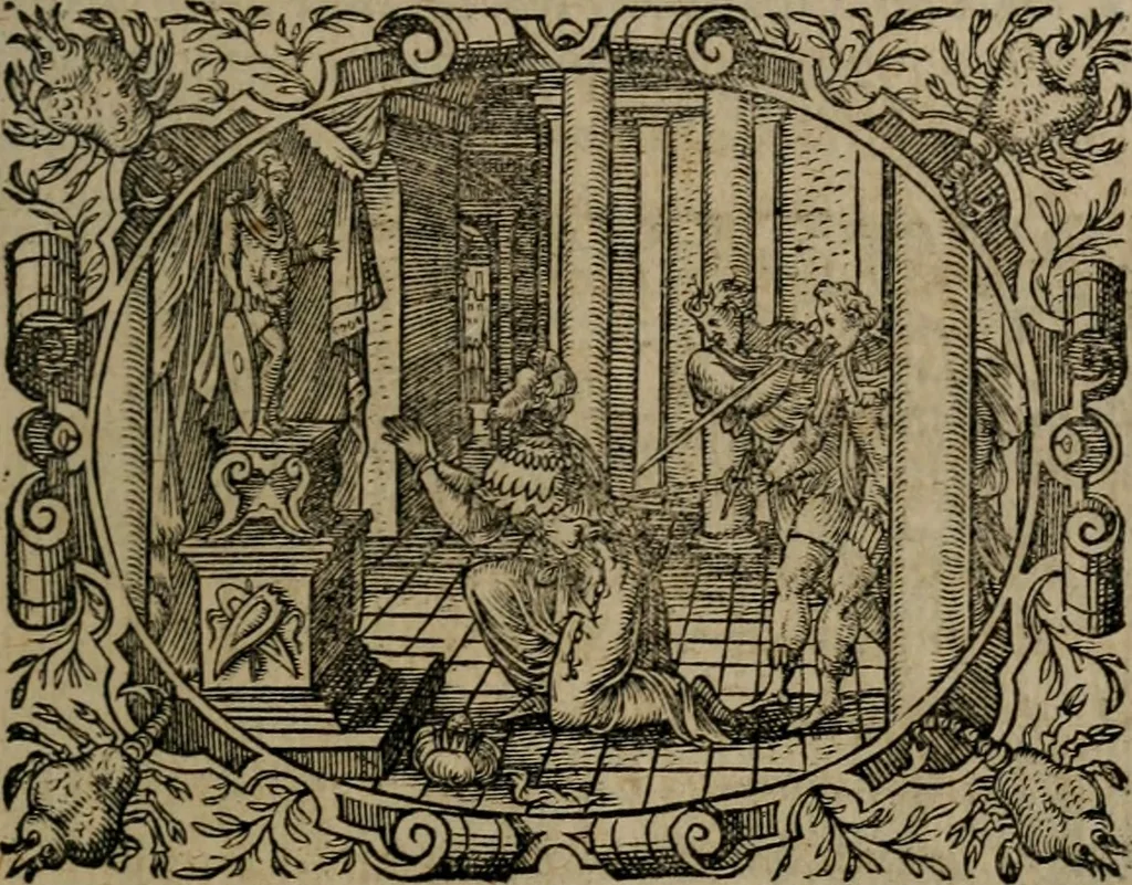An illustration from Epigrammata Philippi Melanthonis selectiora : formvlis precvm, historiis, paraphrasi dictorum diuinorum, & sententijs grauissimis maxime insignia, 1583, leaf 76