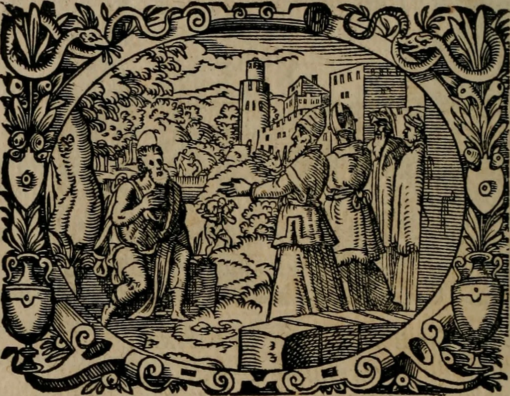 An illustration from Epigrammata Philippi Melanthonis selectiora : formvlis precvm, historiis, paraphrasi dictorum diuinorum, & sententijs grauissimis maxime insignia, 1583, leaf 77