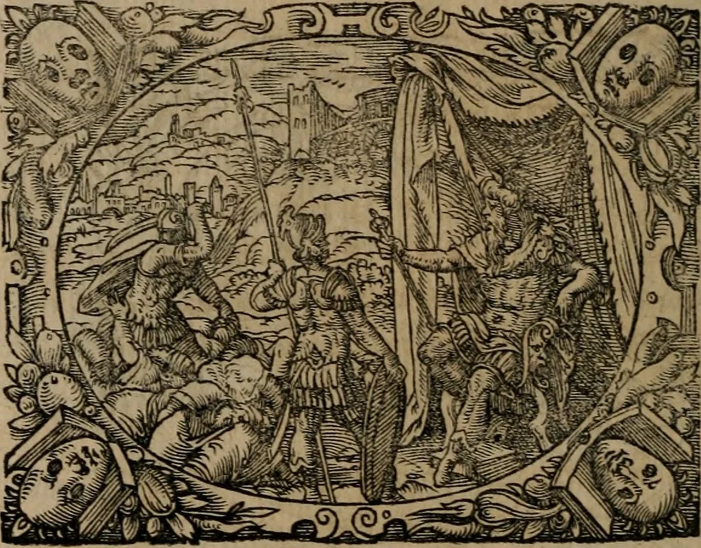 An illustration from Epigrammata Philippi Melanthonis selectiora : formvlis precvm, historiis, paraphrasi dictorum diuinorum, & sententijs grauissimis maxime insignia, 1583, leaf 79