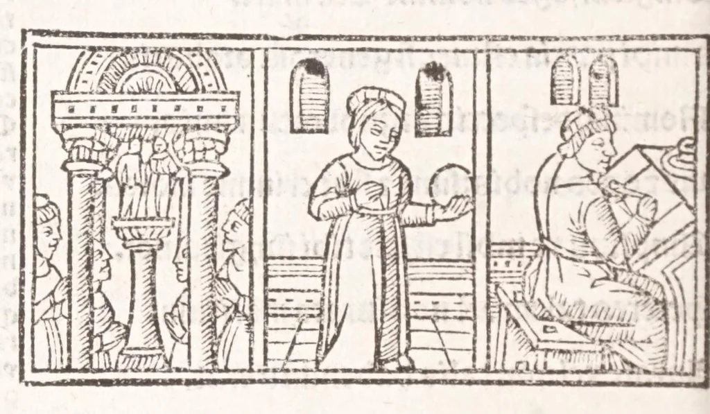 An illustration from Epistole Heroides Publii Ouidii Nasonis : dilgenti castgatione exculte, aptissimisq[ue] figuris ornate, 1536, leaf 200