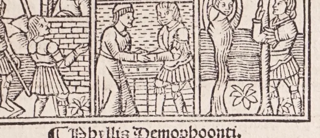 An illustration from Epistole Heroides Publii Ouidii Nasonis : dilgenti castgatione exculte, aptissimisq[ue] figuris ornate, 1536, leaf 27