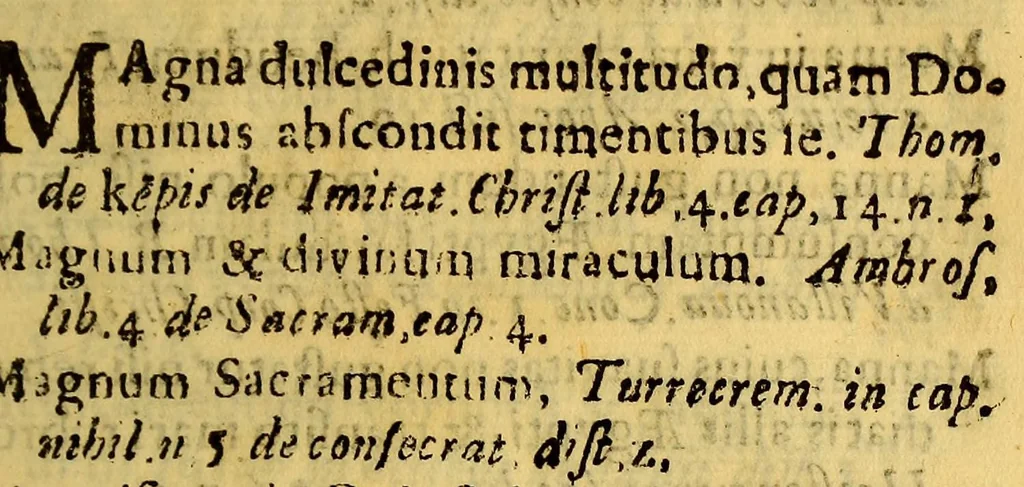 An illustration from Epitheta, laudes, et encomia Divinae Eucharistiae, ex jure canonico, et Sanctis Patribus, ac alijs authoribus collecta, per Doct. D. Didacum Andream Rocha Hispalensem, Regalis Cancellariae Limensis, criminum quaestorem & iudicem., 1674, leaf 81