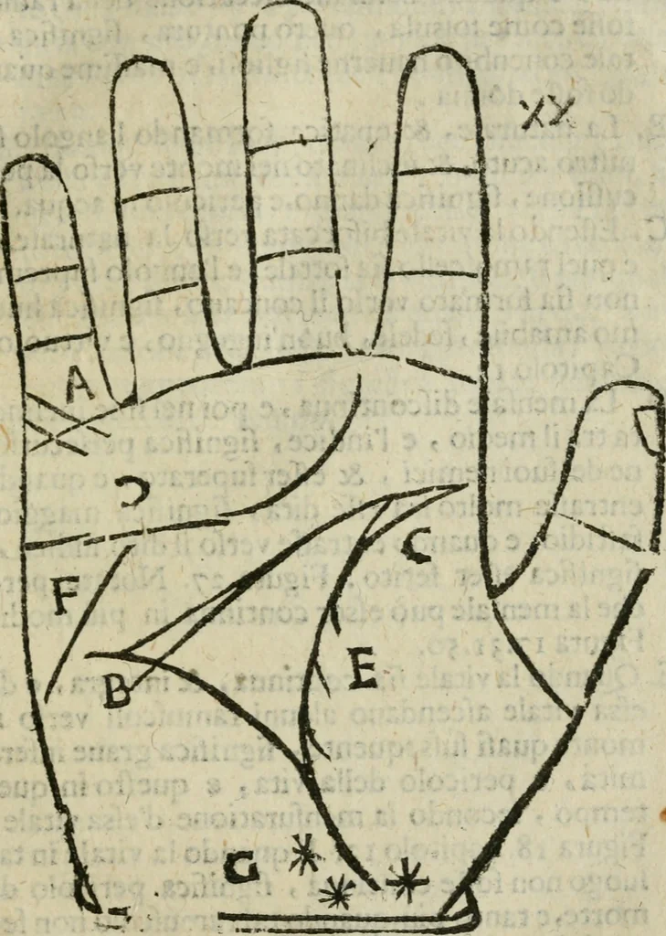 An illustration from Epitoma chyromantico di Patritio Tricasso da Cerasari Mantouano : nel quale si contiene tutte l'opere per esso Tricasso in questa scientia composte, con assai figure, & dichiarationi agiunte ; facilissimo ad imparare, & in breuissimo tempo, 1538, leaf 168