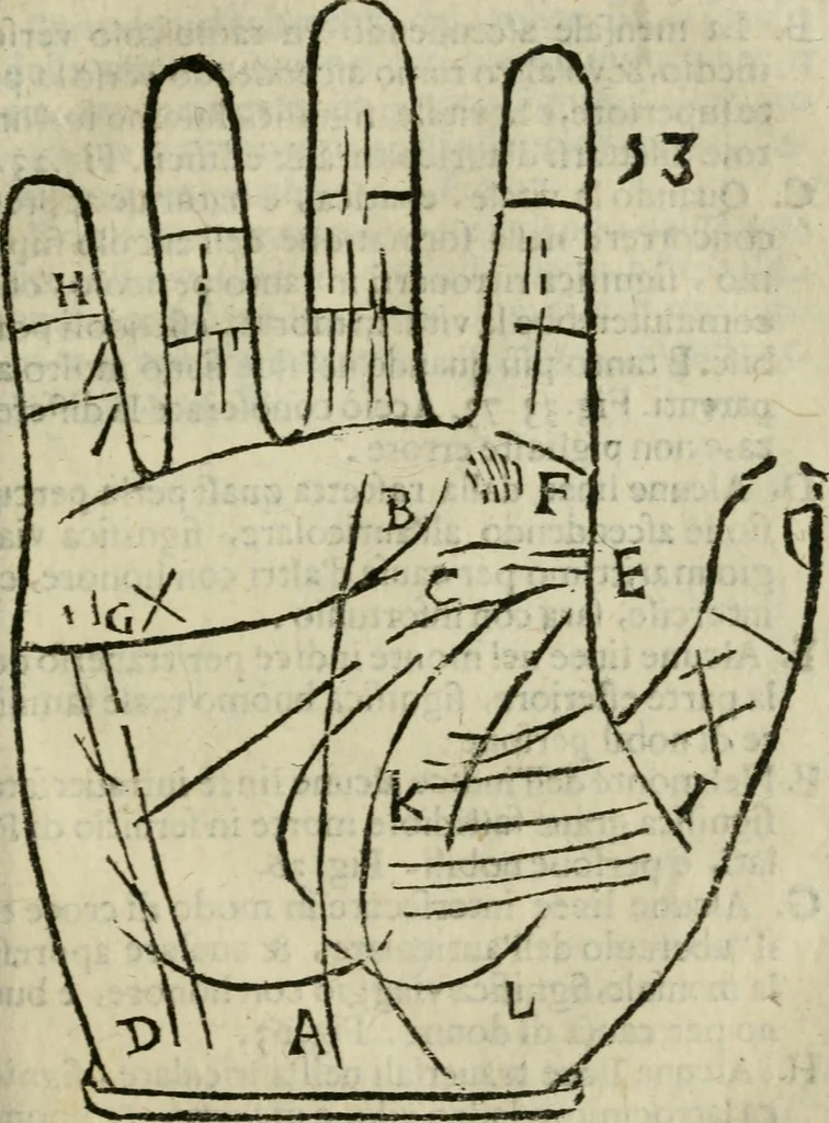 An illustration from Epitoma chyromantico di Patritio Tricasso da Cerasari Mantouano : nel quale si contiene tutte l'opere per esso Tricasso in questa scientia composte, con assai figure, & dichiarationi agiunte ; facilissimo ad imparare, & in breuissimo tempo, 1538, leaf 264