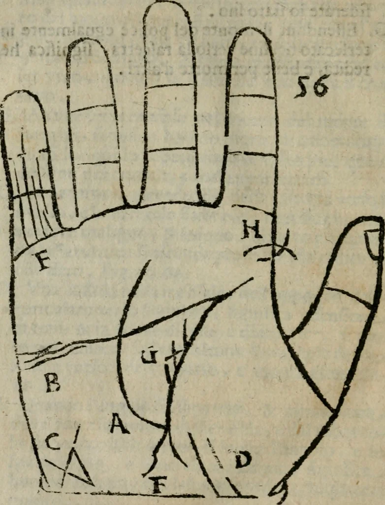 An illustration from Epitoma chyromantico di Patritio Tricasso da Cerasari Mantouano : nel quale si contiene tutte l'opere per esso Tricasso in questa scientia composte, con assai figure, & dichiarationi agiunte ; facilissimo ad imparare, & in breuissimo tempo, 1538, leaf 275