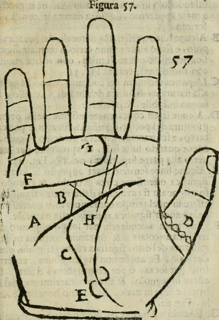 An illustration from Epitoma chyromantico di Patritio Tricasso da Cerasari Mantouano : nel quale si contiene tutte l'opere per esso Tricasso in questa scientia composte, con assai figure, & dichiarationi agiunte ; facilissimo ad imparare, & in breuissimo tempo, 1538, leaf 278