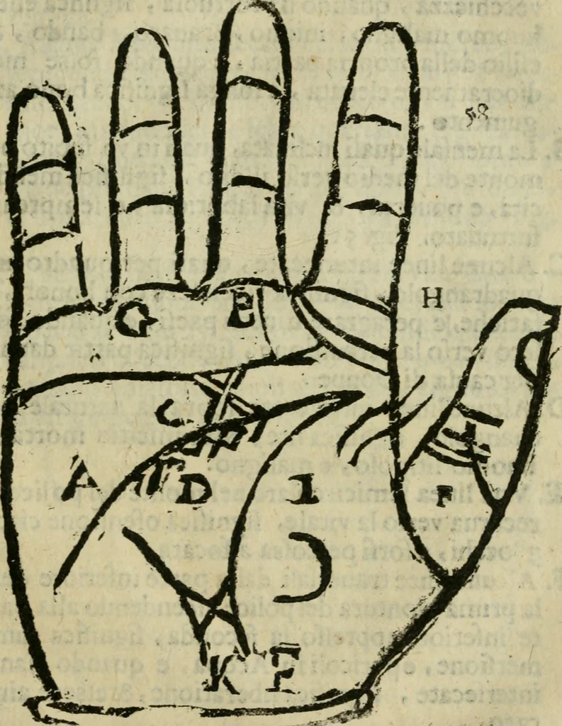 An illustration from Epitoma chyromantico di Patritio Tricasso da Cerasari Mantouano : nel quale si contiene tutte l'opere per esso Tricasso in questa scientia composte, con assai figure, & dichiarationi agiunte ; facilissimo ad imparare, & in breuissimo tempo, 1538, leaf 280