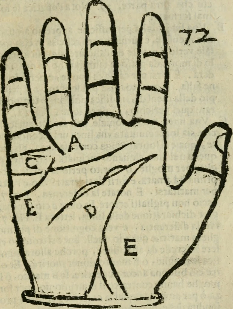 An illustration from Epitoma chyromantico di Patritio Tricasso da Cerasari Mantouano : nel quale si contiene tutte l'opere per esso Tricasso in questa scientia composte, con assai figure, & dichiarationi agiunte ; facilissimo ad imparare, & in breuissimo tempo, 1538, leaf 320