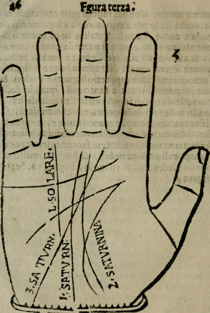 An illustration from Epitoma chyromantico di Patritio Tricasso da Cerasari Mantouano : nel quale si contiene tutte l'opere per esso Tricasso in questa scientia composte, con assai figure, & dichiarationi agiunte ; facilissimo ad imparare, & in breuissimo tempo, 1538, leaf 53