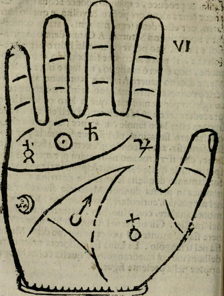 An illustration from Epitoma chyromantico di Patritio Tricasso da Cerasari Mantouano : nel quale si contiene tutte l'opere per esso Tricasso in questa scientia composte, con assai figure, & dichiarationi agiunte ; facilissimo ad imparare, & in breuissimo tempo, 1538, leaf 63