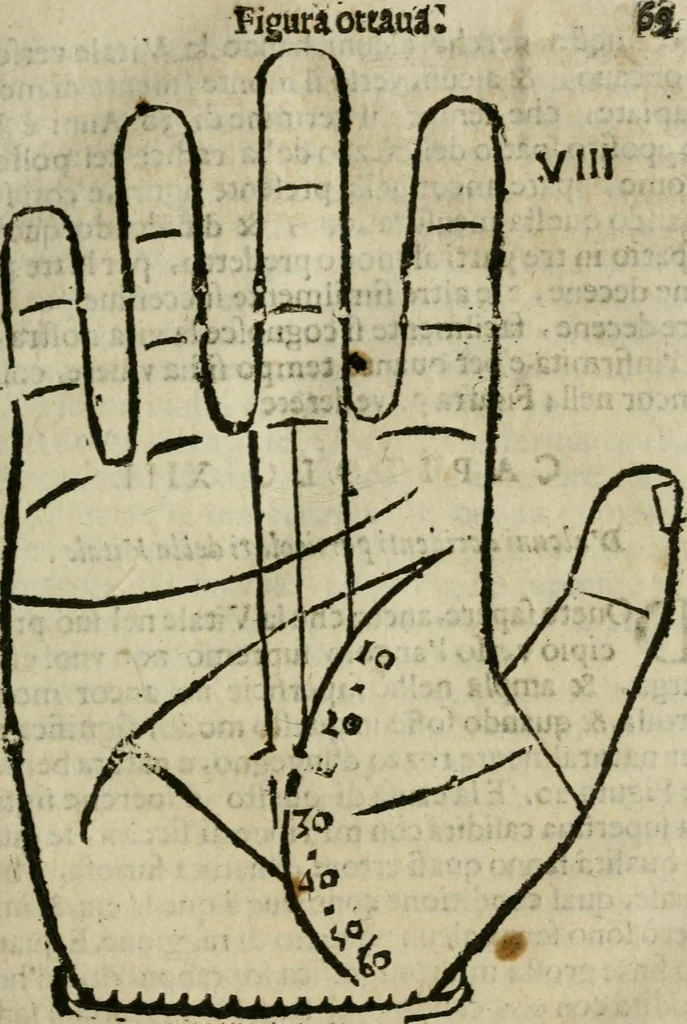 An illustration from Epitoma chyromantico di Patritio Tricasso da Cerasari Mantouano : nel quale si contiene tutte l'opere per esso Tricasso in questa scientia composte, con assai figure, & dichiarationi agiunte ; facilissimo ad imparare, & in breuissimo tempo, 1538, leaf 76