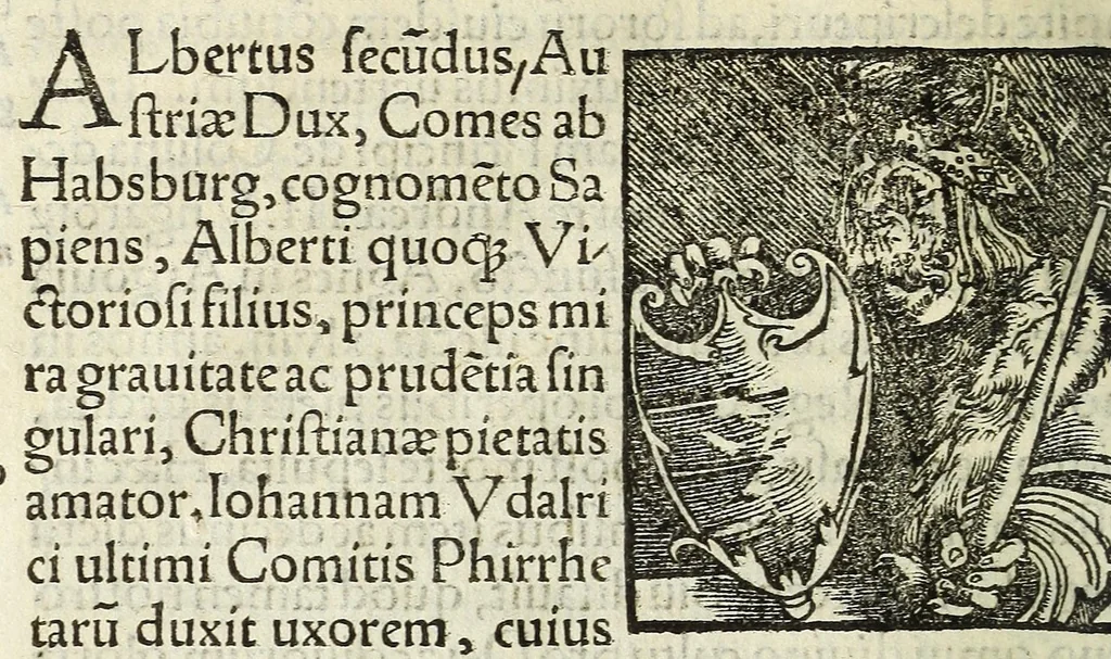 An illustration from Epitome regii ac vetvstissimi ortus sacrae caesarae ac Catholic̜e maiestatis, serenissimi quoq[ue] principis & domini, Dn. Ferdinandi, Vngariae ac Bohemiae regis, omniumq[ue] archiducum Austriae, ac Habsburgensium comitum, 1530, leaf 62